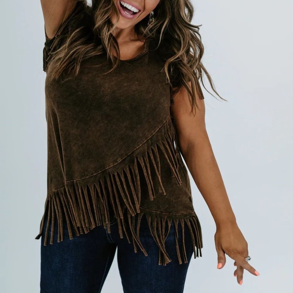 BULLY Dangling FRINGE TOP Asymmetrical TANK Swoop T-SHIRT Layer TEE Priced CHEAP